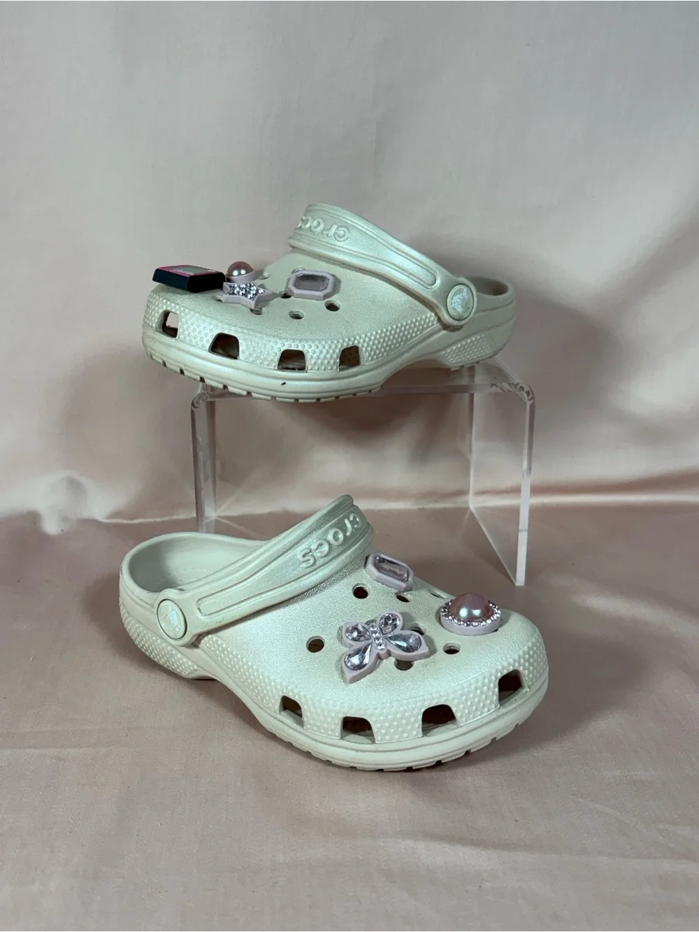 CROCS Kids Cream Color Iconic Comfort Clogs With, Jibbitz Size C11